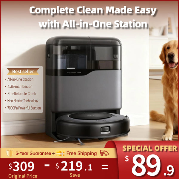 Robot Vacuum-Mop: Self-Emptying, Auto Mop Wash/Dry, 7000Pa Suction, 3.35” Slim, All-in-One Station